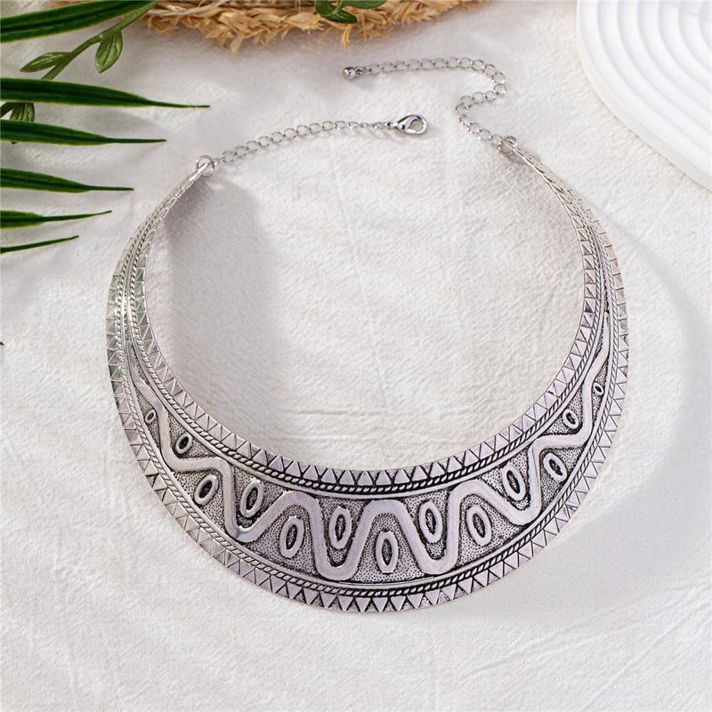 Hewill Store قلادة ذهبية سميكة قلادة بيان كبيرة للنساء قبيلة أفريقية طوق معدني عريض مجوهرات - Image 3